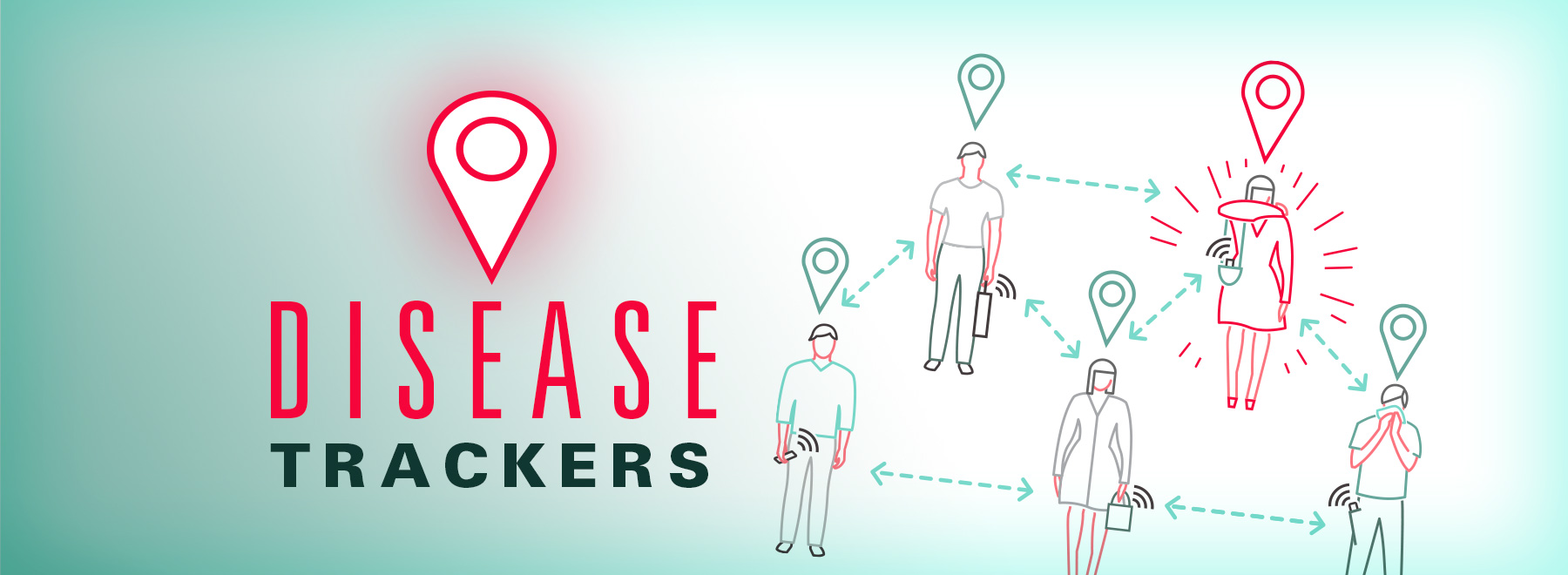 Illustration of COVID19 patient and people they were in contact with with the title Disease Trackers